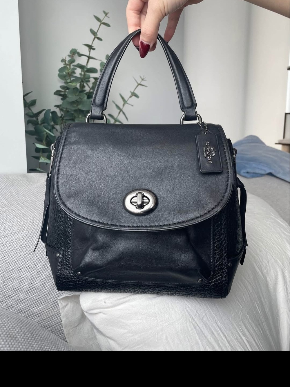 Coach Black Leather Top-Handle Satchel with Turnlock